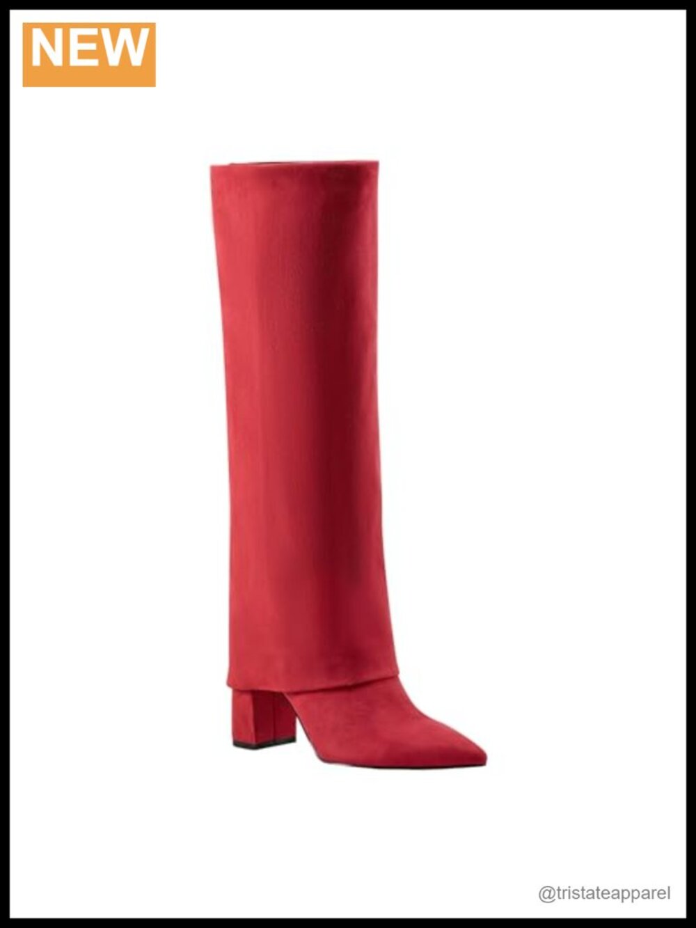 Faux Suede Knee High Block Heel Boots Fold Over Pointy Toe Pull-On